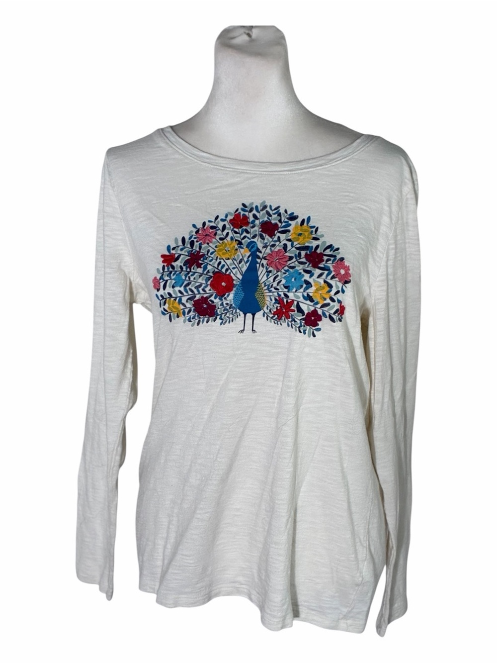 Talbots crew neck long sleeve embroidered peacock tee Sz Medium